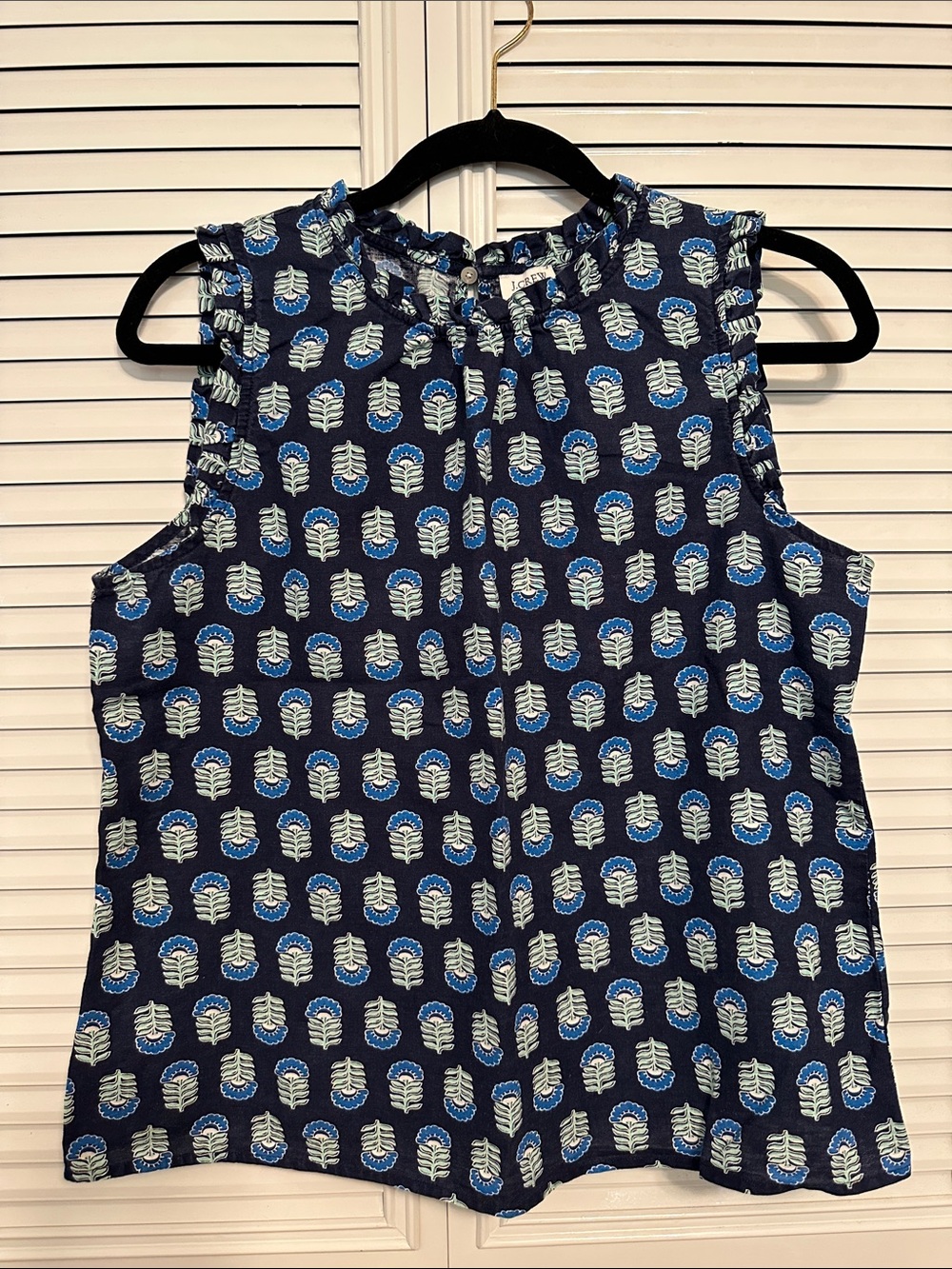 J. Crew Factory Navy Blue Printed Ruffle-Neck Sleeveless Tank